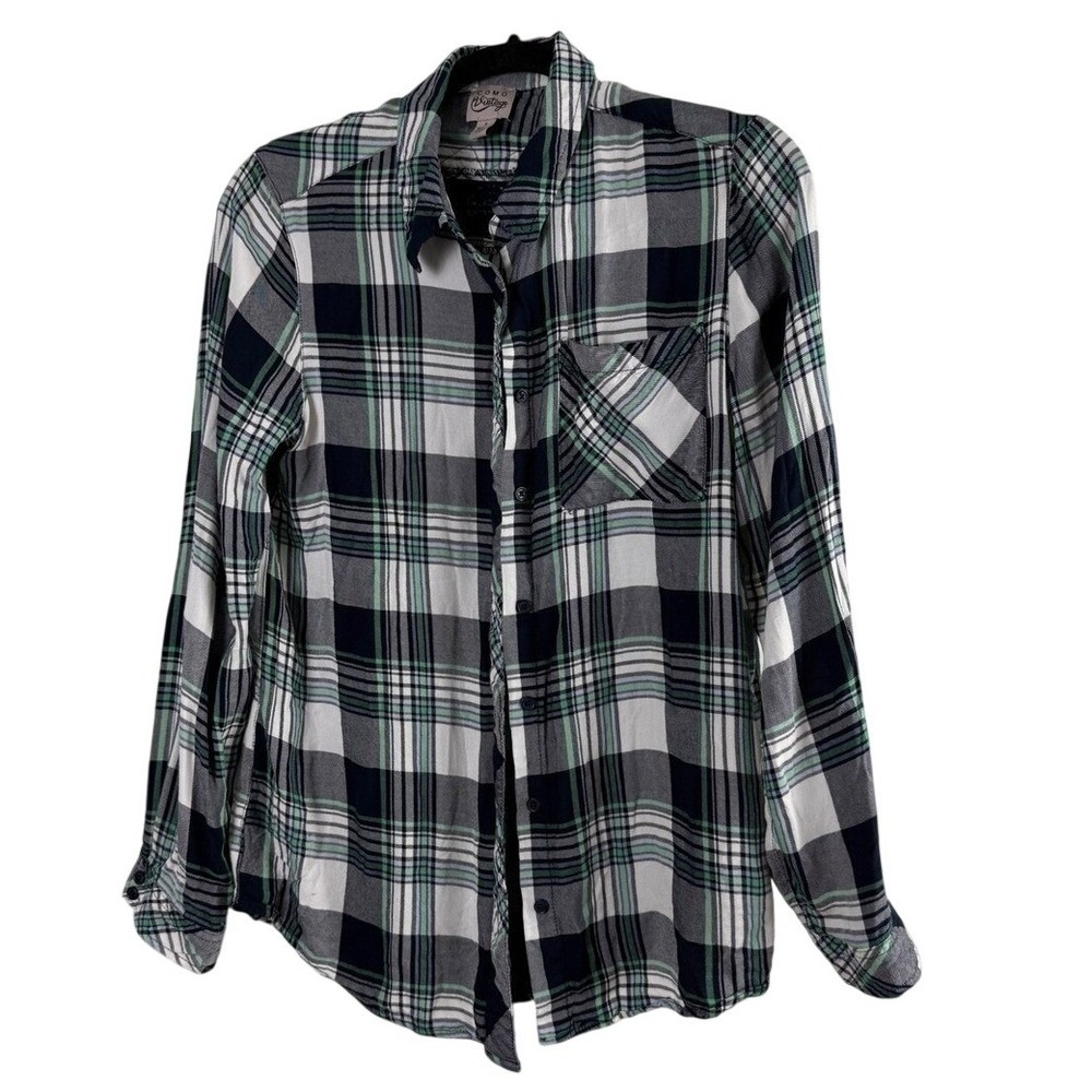Como Vintage Plaid Button Down‎ Shirt Navy Green White Lace Back Small 99161
